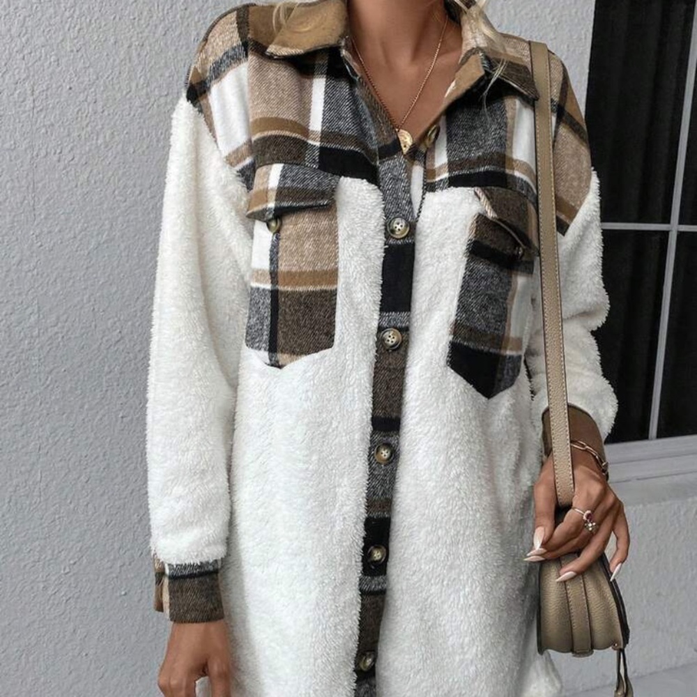 New plaid print button down Teddy jacket - Picture 3 of 7